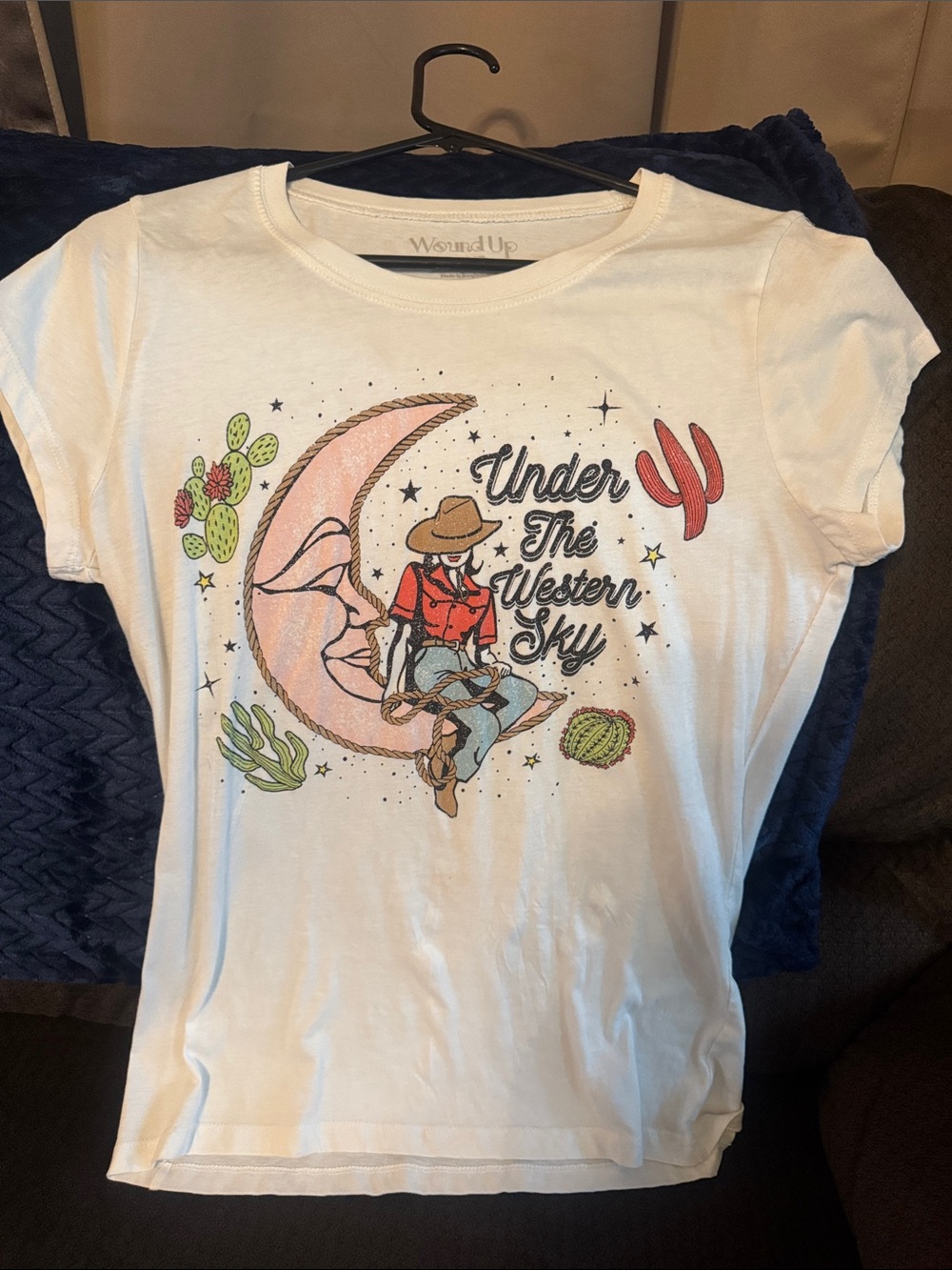 Wound Up White Graphic Tee with Pink Moon & Multicolor Western Motif
